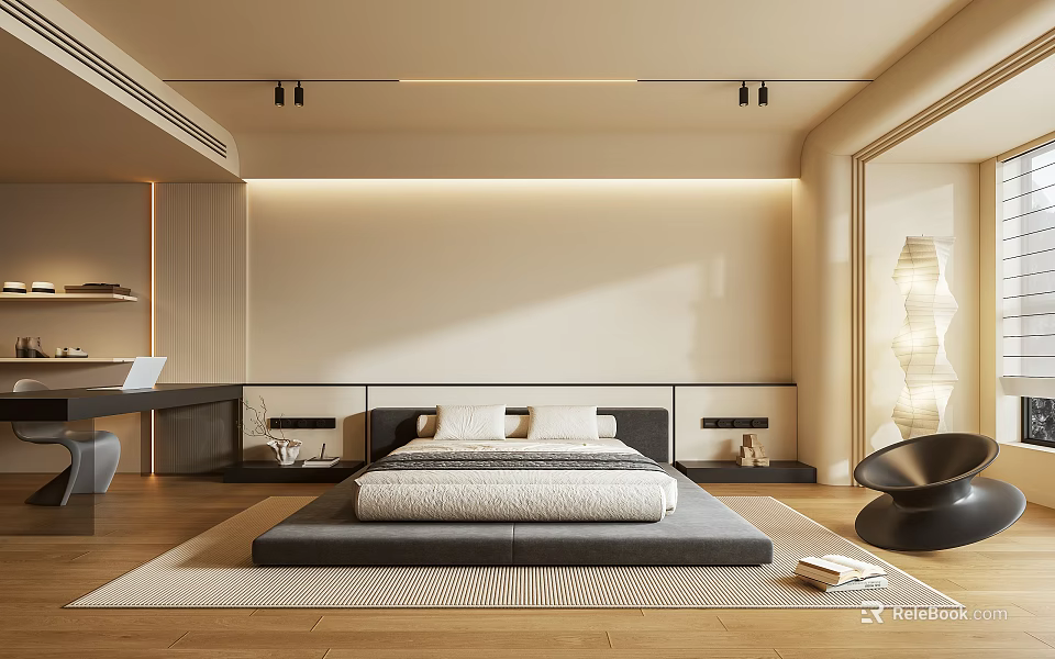 Modern Bedroom Interior Design With Low Platform Bed Recessed Lighting And Wooden Flooring 3d model 