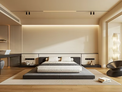 Modern Bedroom Interior Design With Low Platform Bed Recessed Lighting And Wooden Flooring 3d model