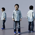 Boy Wearing Blue White Checkered Shirt Jeans and Blue Sneakers Three Angles Front Side Back
