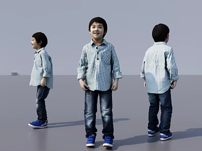 Boy Wearing Blue White Checkered Shirt Jeans and Blue Sneakers Three Angles Front Side Back 3d model