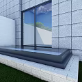 Detached Villa With Gray Wall Large Glass Window Open Skylight And Lawn