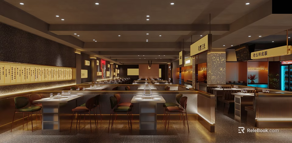Modern Restaurant Interior Featuring Arranged Dining Tables Comfortable Chairs Warm Lighting And Wall Art 3d model 