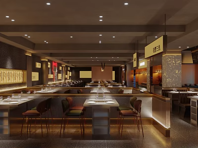 Modern Restaurant Interior Featuring Arranged Dining Tables Comfortable Chairs Warm Lighting And Wall Art 3d model