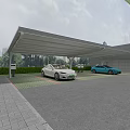 Modern Covered Parking Lot With Cars Green Landscaping Patterned Pavement And Signage