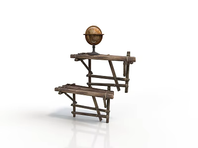 Vintage Wooden Shelving Set Featuring Globe Decorative Piece On Top 3d model