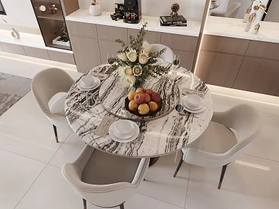 Modern Marble Dining Table Set With Beige Chairs Flower Arrangement And Fruit Bowl 3d model