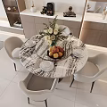 Modern Marble Dining Table Set With Beige Chairs Flower Arrangement And Fruit Bowl