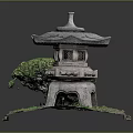 Traditional Stone Lantern With Carved Details And Green Bush On Grass Base