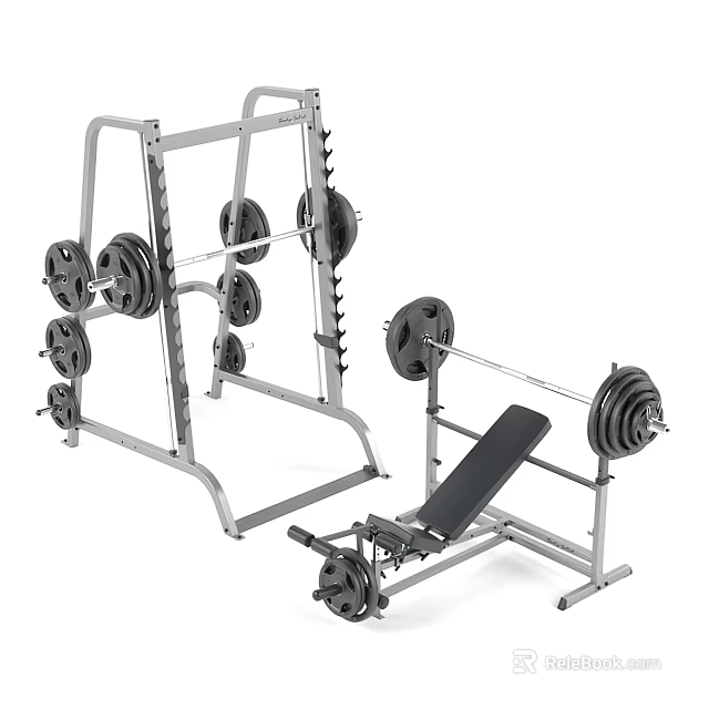 Durable Sports Equipment Set With Barbells Weight Plates And Bench Press For Home Gym 3d model 