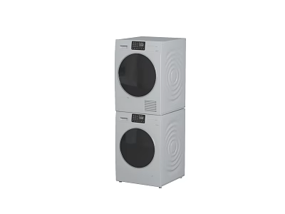 Two Stacked Modern White Washing Machines With Round Doors And Control Panels 3d model