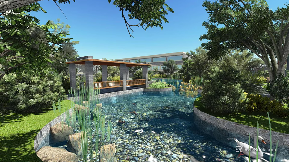 Serene Garden Landscape With Pavilion Bench Clear Pond Pebbles Modern Building And Lush Greenery 3d model 