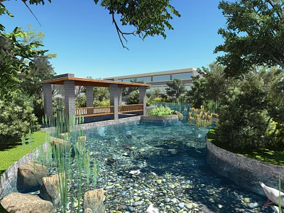 Serene Garden Landscape With Pavilion Bench Clear Pond Pebbles Modern Building And Lush Greenery 3d model