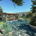 Serene Garden Landscape With Pavilion Bench Clear Pond Pebbles Modern Building And Lush Greenery
