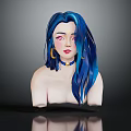 Blue Haired Female Character With Pink Eyes Golden Earrings Choker And Bust Portrait