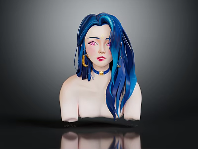 Blue Haired Female Character With Pink Eyes Golden Earrings Choker And Bust Portrait 3d model