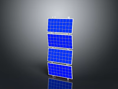 Multiple Blue Solar Panels Arranged Vertically With Reflection On Gray Background 3d model