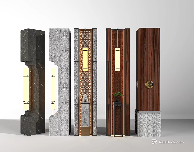 Five Decorative Columns With Stone Wooden Materials And Integrated Lighting Designs 3d model