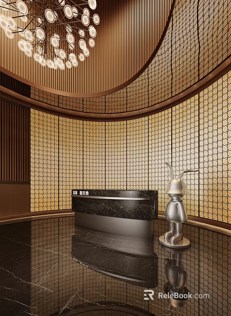 Modern Reception Area With Golden Grid Patterned Wall Black Marble Countertop And Silver Rabbit Sculpture 3d model 