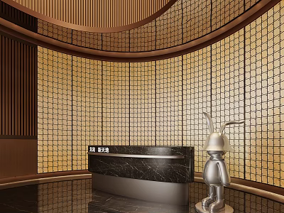 Modern Reception Area With Golden Grid Patterned Wall Black Marble Countertop And Silver Rabbit Sculpture 3d model