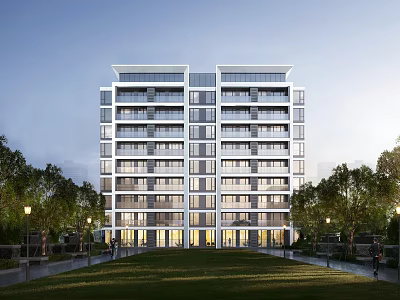 Modern High Rise Residential Building Exterior With Surrounding Trees And Lawn Area 3d model