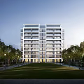 Modern High Rise Residential Building Exterior With Surrounding Trees And Lawn Area