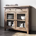 Distressed Wooden Sideboard With Glass Doors White Dishes Vases Jugs And Metal Wire Basket