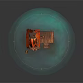 Wooden Hut With Orange Flame Like Roof Wooden Platform And Staircase On Blue Water