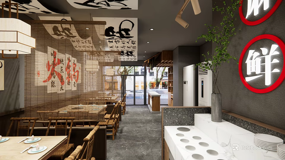 Japanese Style Hotpot Restaurant Interior With Bamboo Curtains Wooden Tables And Green Plants 3d model 