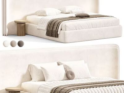 Modern Double Bed With Quilted Mattress Upholstered Headboard Pillows And Bedside Stool 3d model