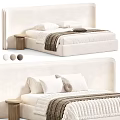 Modern Double Bed With Quilted Mattress Upholstered Headboard Pillows And Bedside Stool