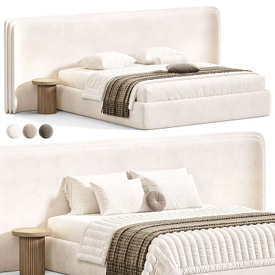 Modern Double Bed With Quilted Mattress Upholstered Headboard Pillows And Bedside Stool 3d model
