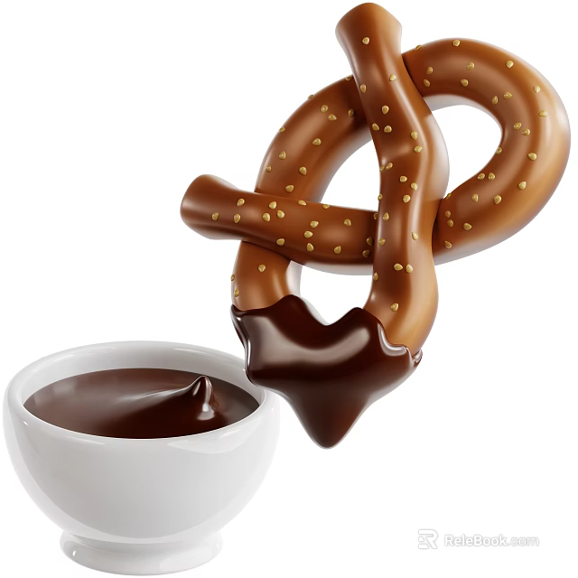 Delicious Soft Pretzel With Sesame Seeds Dipping In Chocolate Sauce Bowl 3d model 