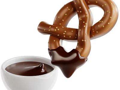 Delicious Soft Pretzel With Sesame Seeds Dipping In Chocolate Sauce Bowl 3d model