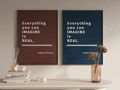 Wall Art With Pablo Picasso Quote Brown Blue Frames Table Decor Books Candle Flower Vase 3d model