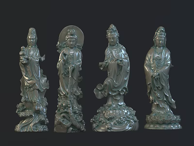 Guan Yin Bronze Sculptures With Intricate Details And Various Postures On Pedestals 3d model
