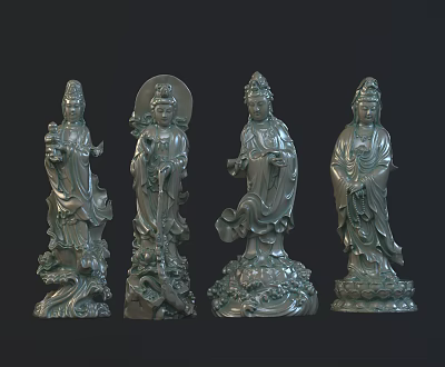 Guan Yin Bronze Sculptures With Intricate Details And Various Postures On Pedestals 3d model