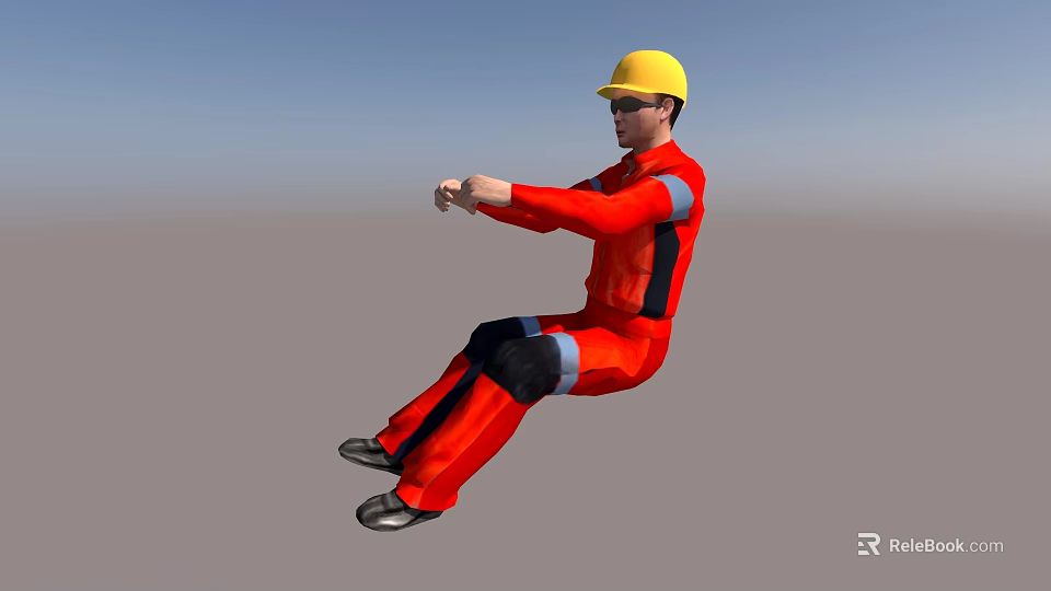 A Man In Red Work Uniform With Yellow Hard Hat Demonstrating Extended Arms Sitting Posture 3d model 