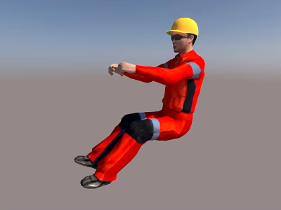 A Man In Red Work Uniform With Yellow Hard Hat Demonstrating Extended Arms Sitting Posture 3d model