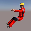 A Man In Red Work Uniform With Yellow Hard Hat Demonstrating Extended Arms Sitting Posture