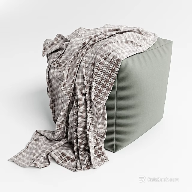 Gray Upholstered Sofa Stool With Soft Plaid Blanket For Cozy Living Space 3d model 