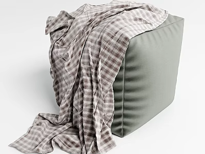 Gray Upholstered Sofa Stool With Soft Plaid Blanket For Cozy Living Space 3d model
