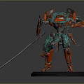 Detailed Red Green Mechanical Robot Figure With Samurai Sword Black Base And Glowing Red Accents
