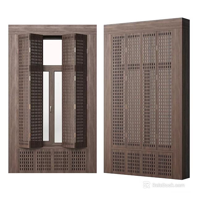 Modern Wooden Window And Door With Lattice Panel Design For Interior 3d model 