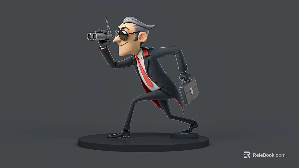 Man in Suit with Red Tie Wearing Sunglasses Holding Briefcase Using Binoculars 3d model 