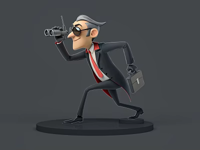 Man in Suit with Red Tie Wearing Sunglasses Holding Briefcase Using Binoculars 3d model