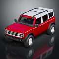 Red Off Road Vehicle With White Roof Rack And Large White Wheels