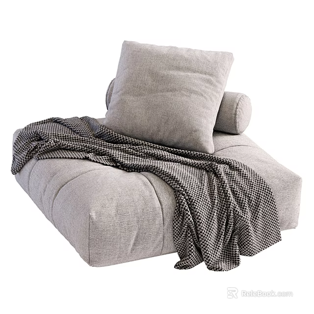 Soft Gray Lazy Sofa With Comfortable Cushion And Checkered Blanket Design 3d model 