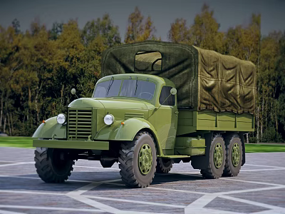 Vintage Green Six Wheel Functional Cargo Truck With Canvas Cover And Trees 3d model