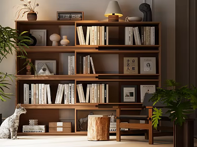 Wooden Bookcase Interior With Multi Shelves Books Decorative Items And Potted Plants 3d model