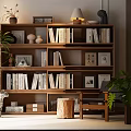 Wooden Bookcase Interior With Multi Shelves Books Decorative Items And Potted Plants